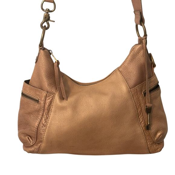 Fossil Tan & Camel Mixed Leather Hobo Bag Key Charm Boho Slouchy Purse Handbag - Picture 13 of 13